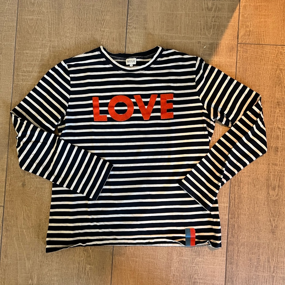 KULE modern long Navy and White Striped Tee with Red Love Print